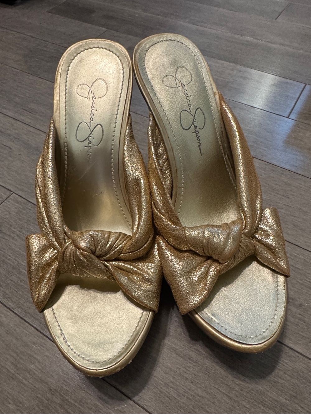 Jessica Simpson Metallic Gold Knot Slide Mules